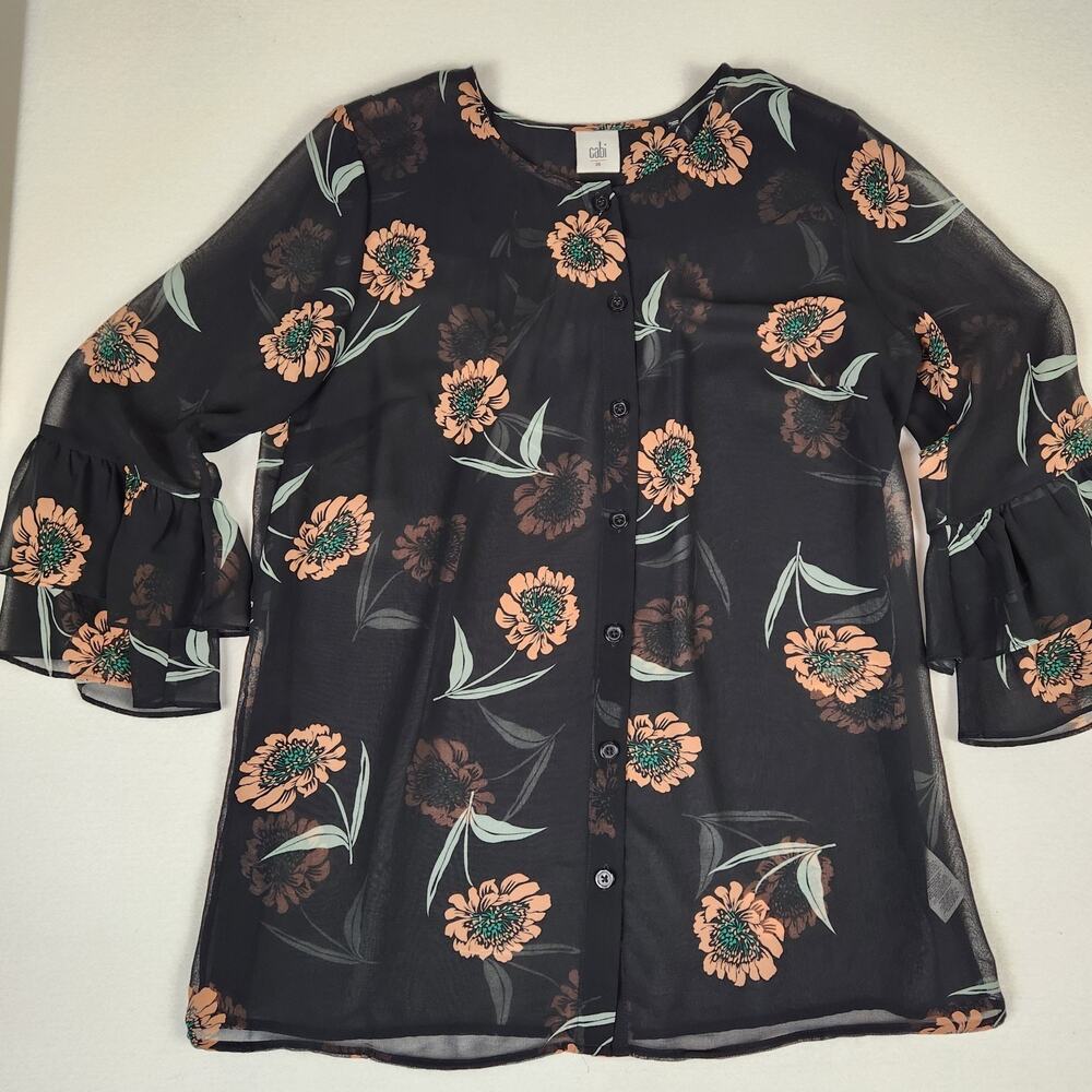 Cabi Sheer Floral Blouse, Bell Sleeve Ruffle, 3/4 Sleeve, Navy, Career, Sz M